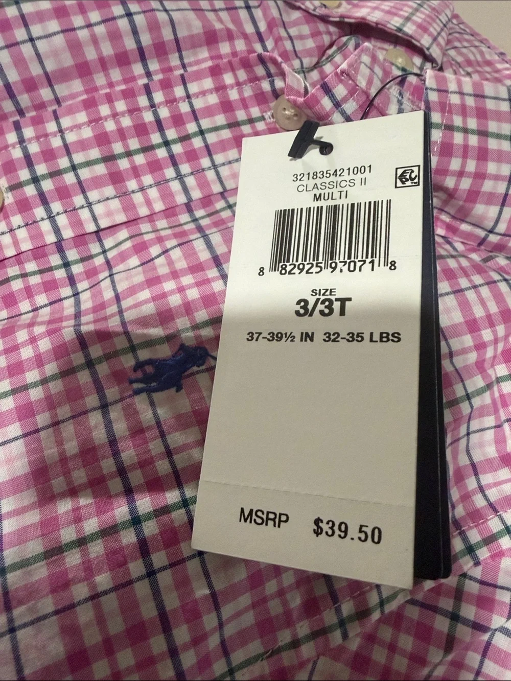 Ralph Lauren Pink Plaid Short-Sleeve Button-Down Shirt with Navy Pony. Kids 3T.